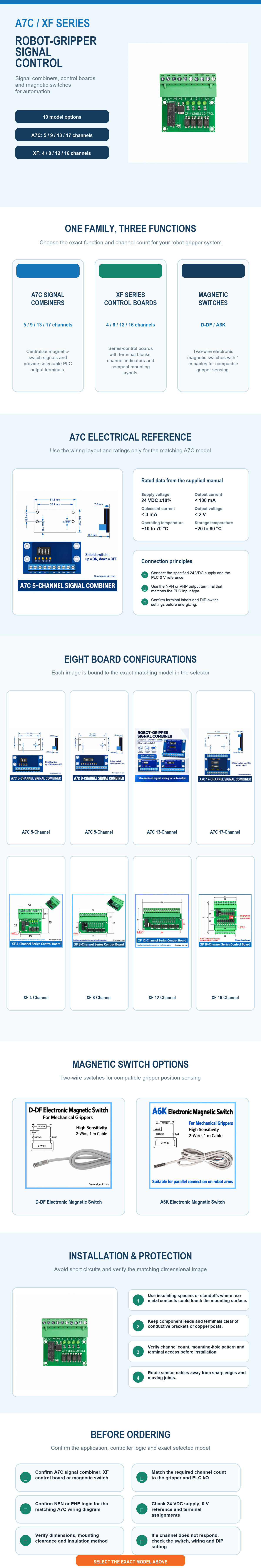 Robot-gripper signal combiner and control-board models, electrical reference, magnetic switches and installation checklist