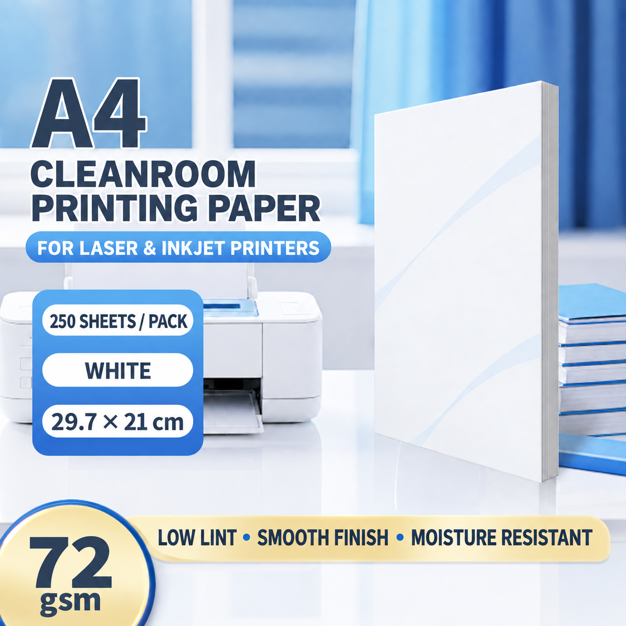 A4 White – 72 gsm – 250 Sheets, cleanroom printing paper
