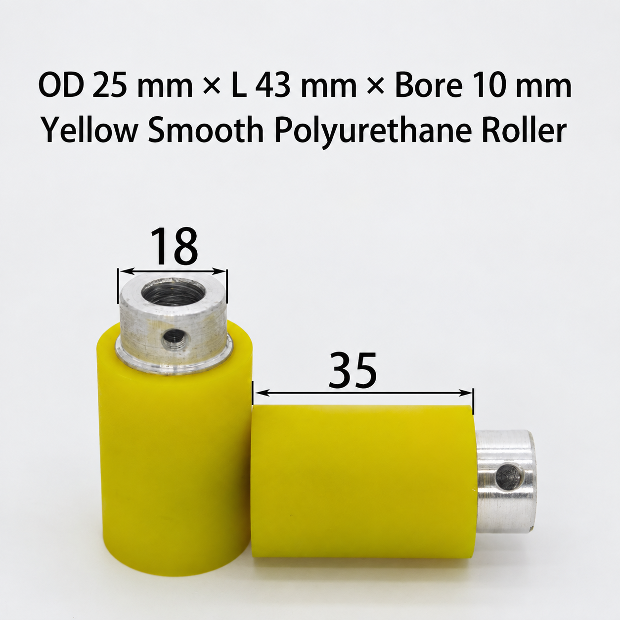 yellow smooth polyurethane wire feeding roller, OD 25 mm, length 43 mm, bore 10 mm