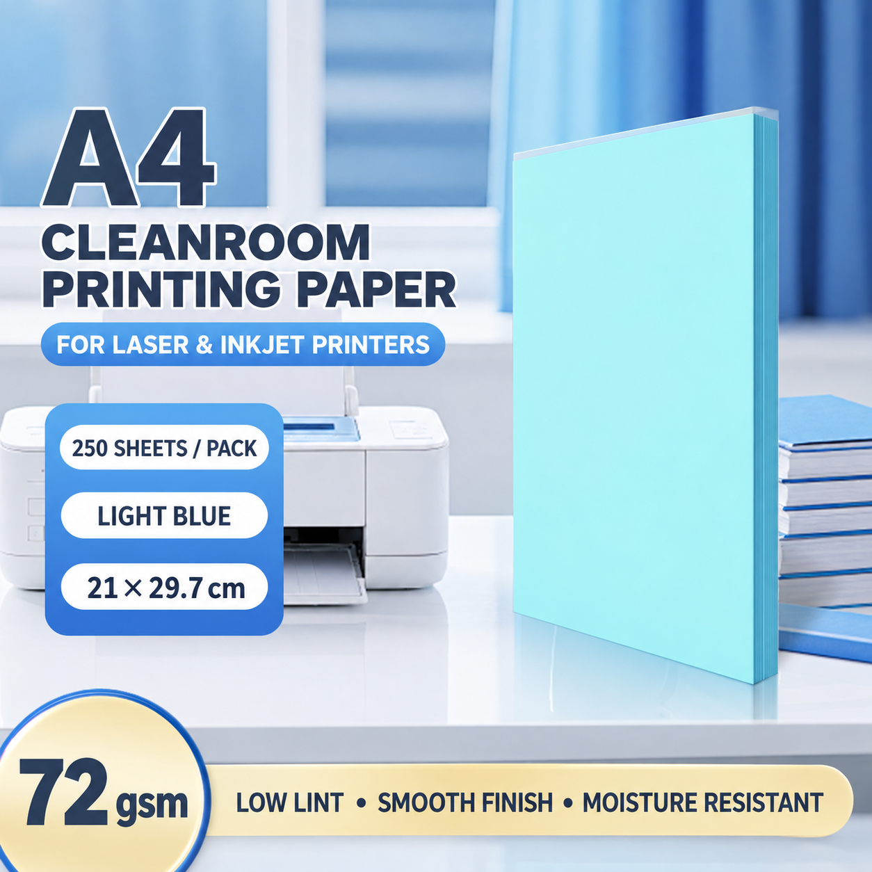A4 Light Blue – 72 gsm – 250 Sheets, cleanroom printing paper