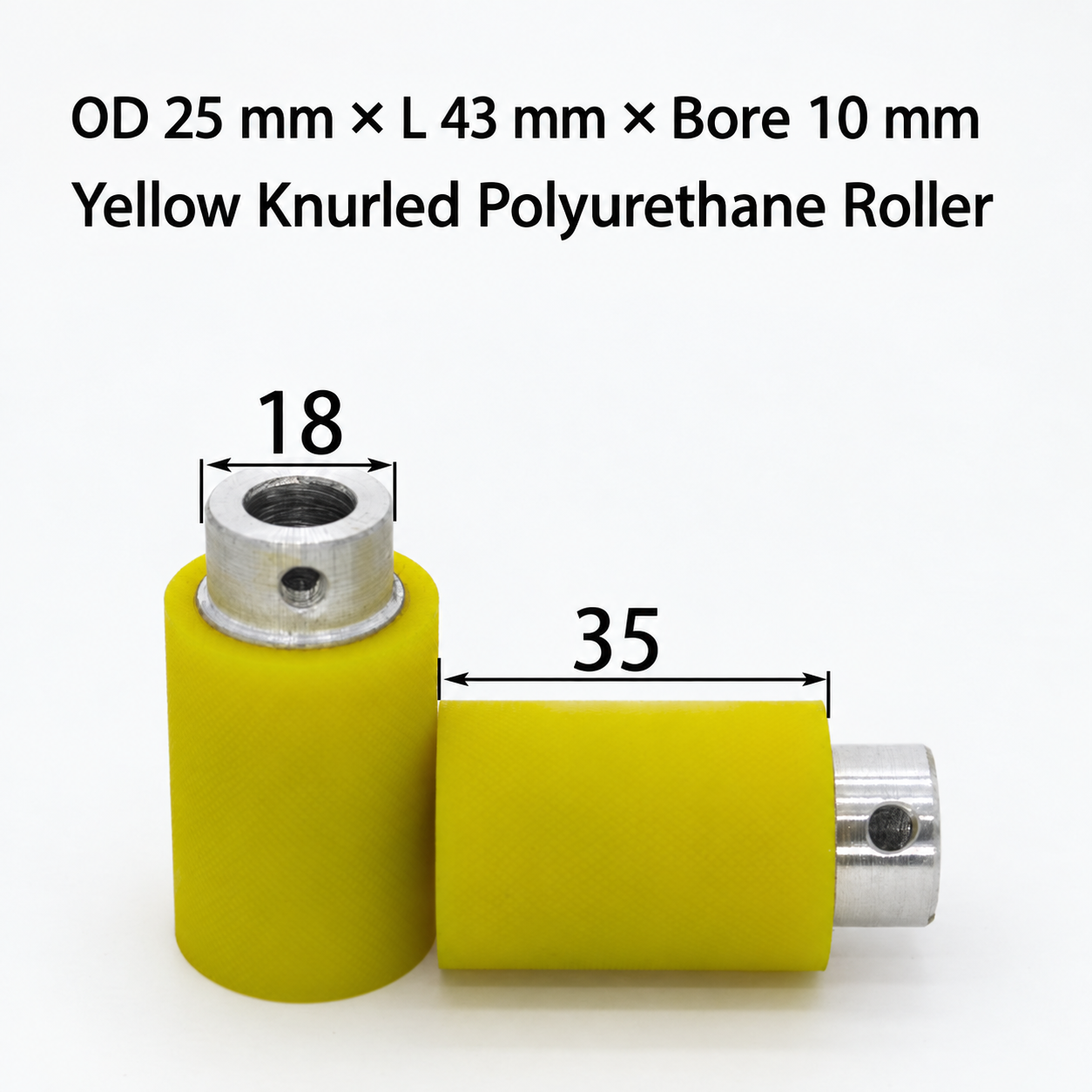 yellow knurled polyurethane wire feeding roller, OD 25 mm, length 43 mm, bore 10 mm