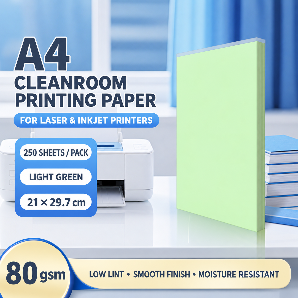 A4 Light Green – 80 gsm – 250 Sheets, cleanroom printing paper