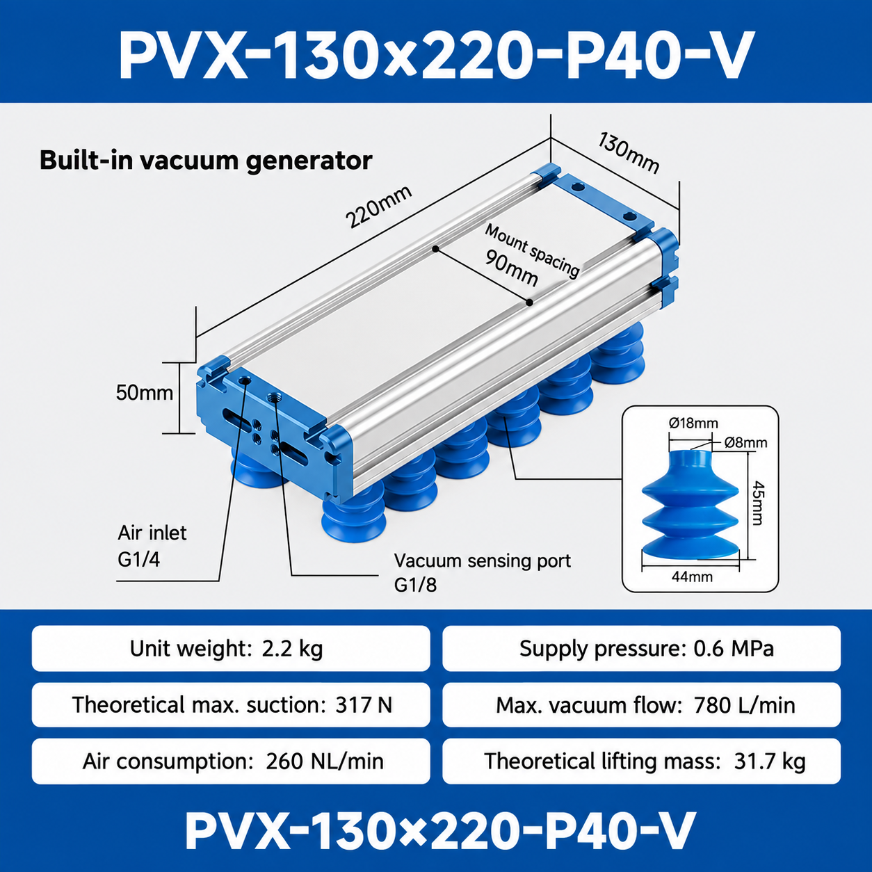 PVX-130x220-P40-V - English technical drawing and dimensions