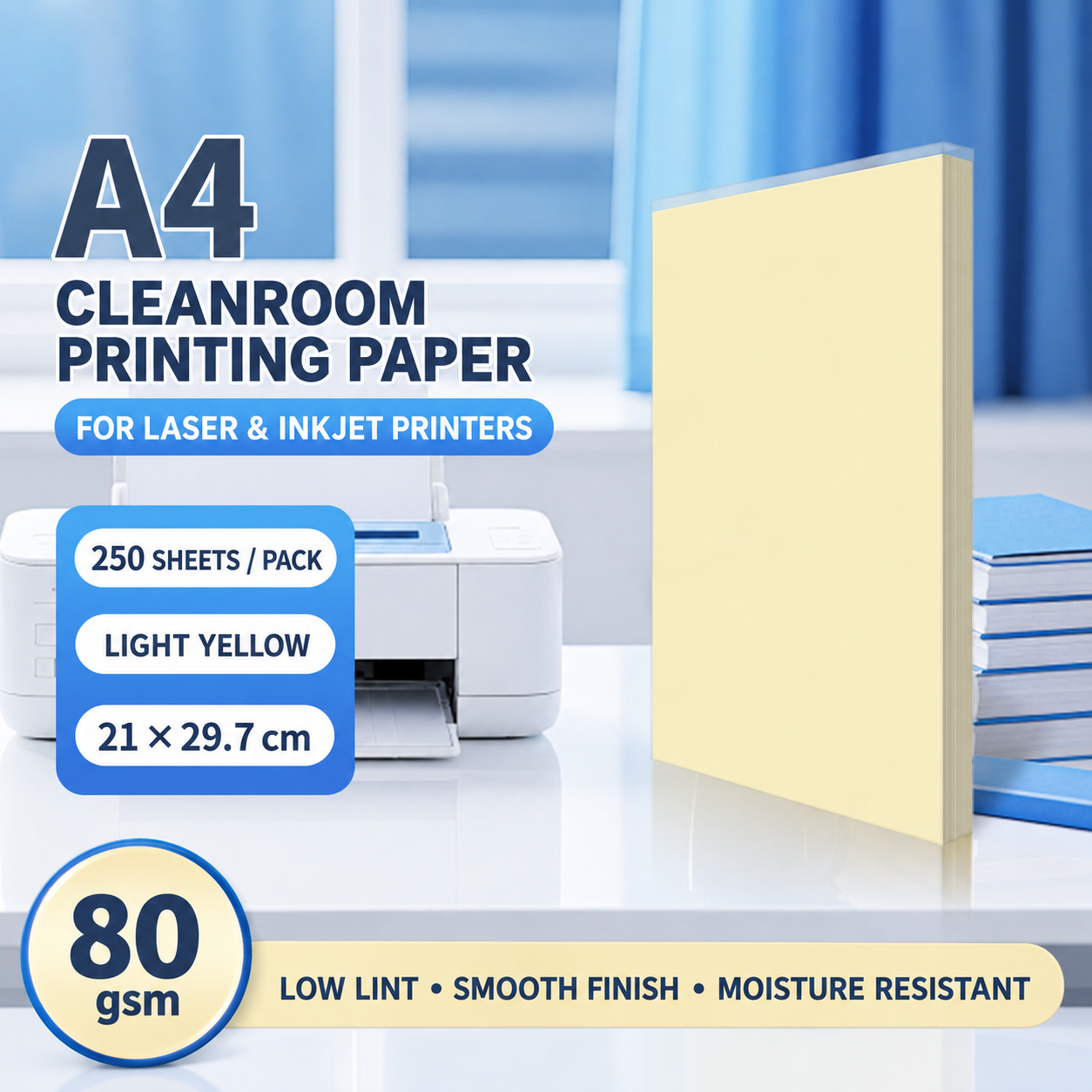 A4 Light Yellow – 80 gsm – 250 Sheets, cleanroom printing paper