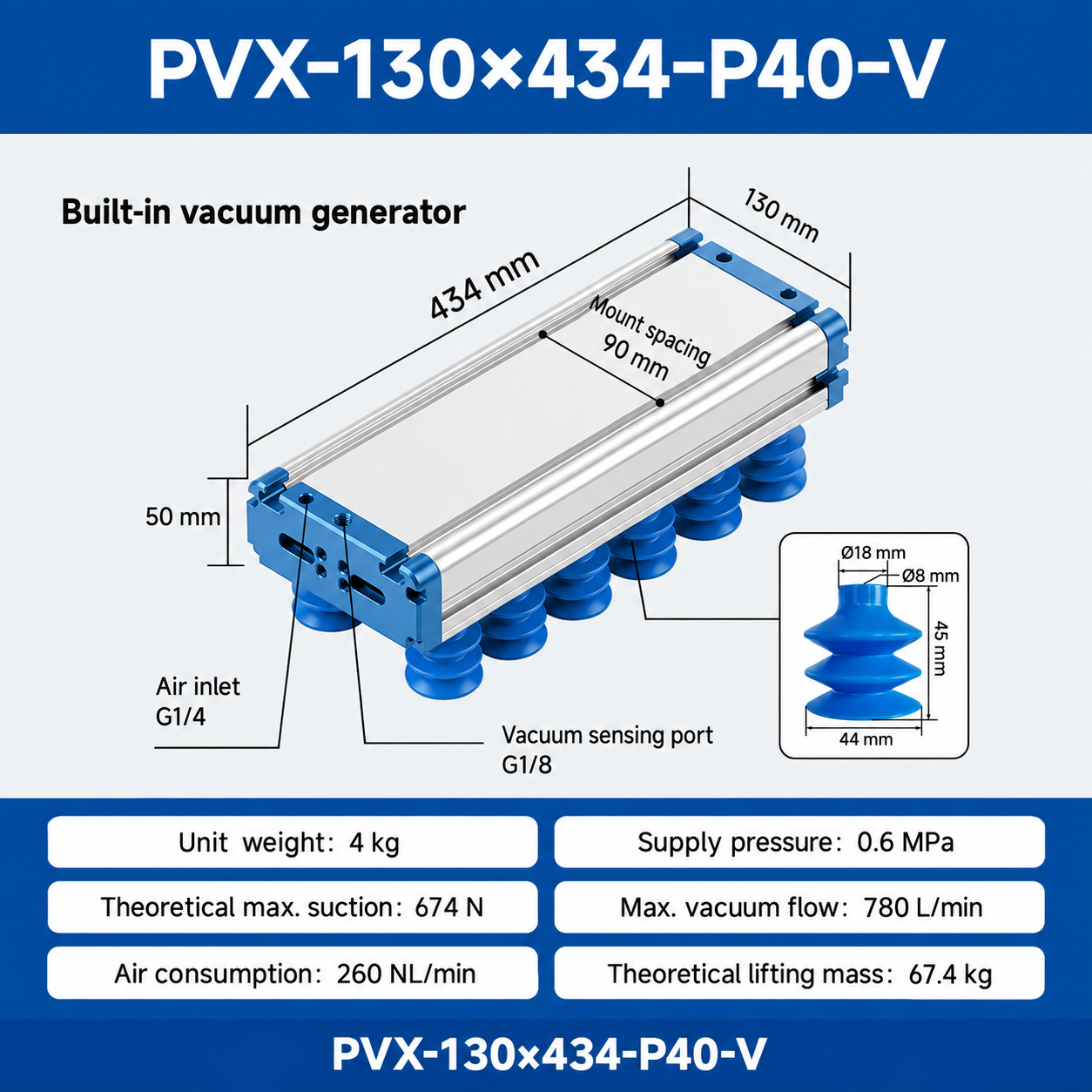 PVX-130x434-P40-V - English technical drawing and dimensions