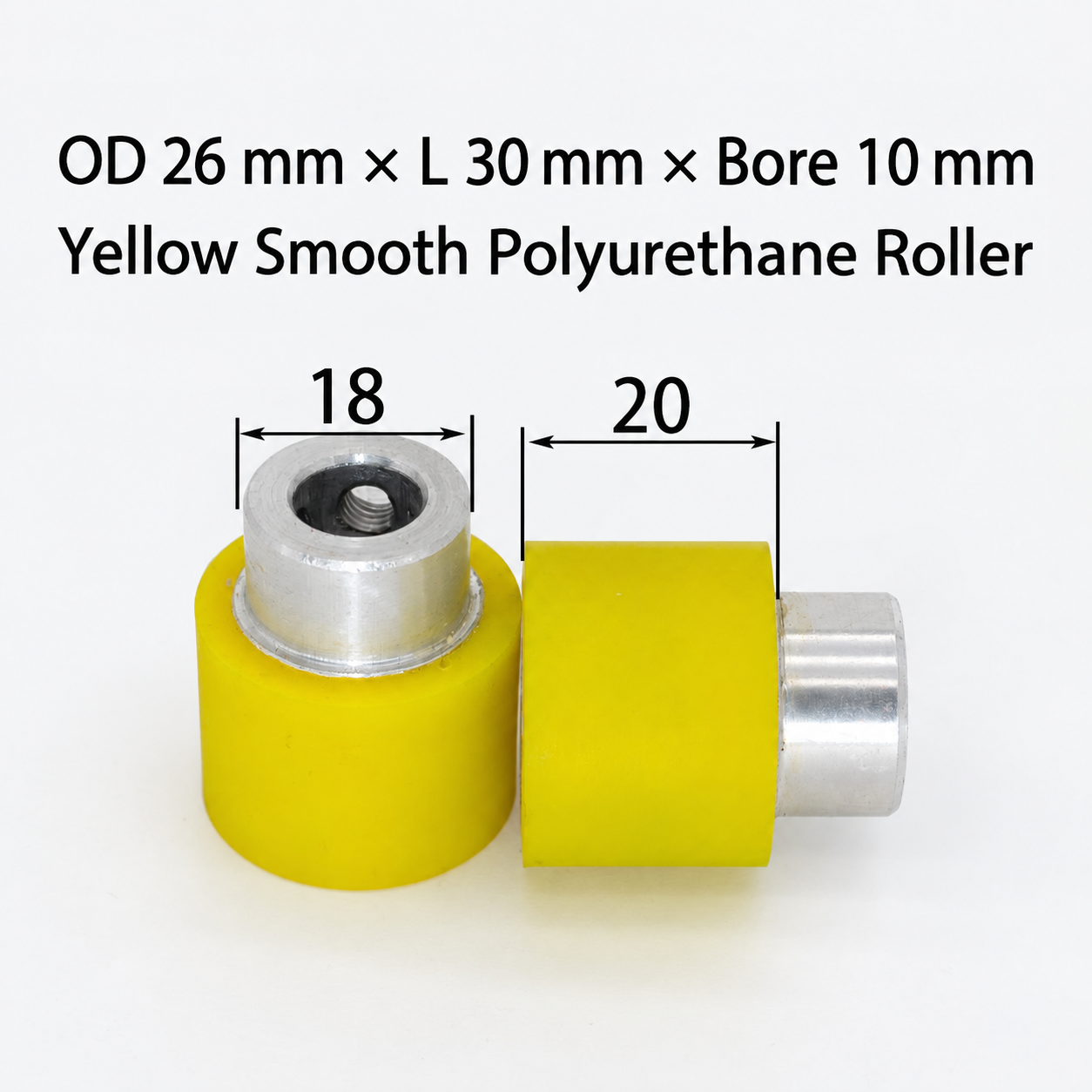 yellow smooth polyurethane wire feeding roller, OD 26 mm, length 30 mm, bore 10 mm