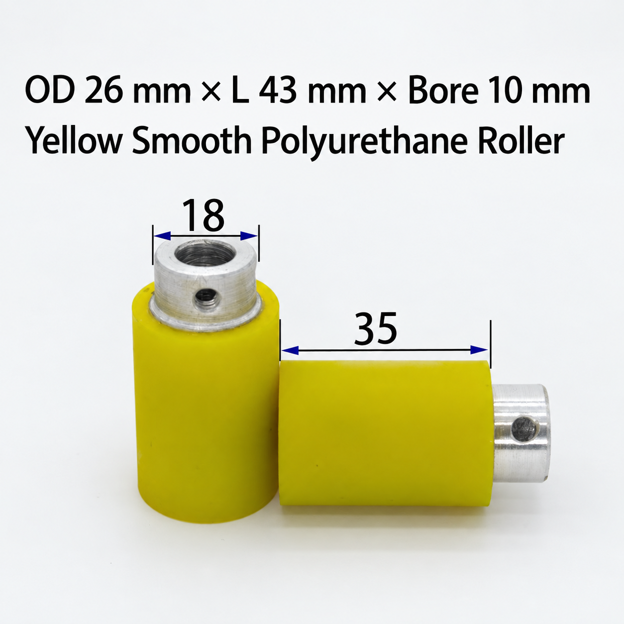 yellow smooth polyurethane wire feeding roller, OD 26 mm, length 43 mm, bore 10 mm