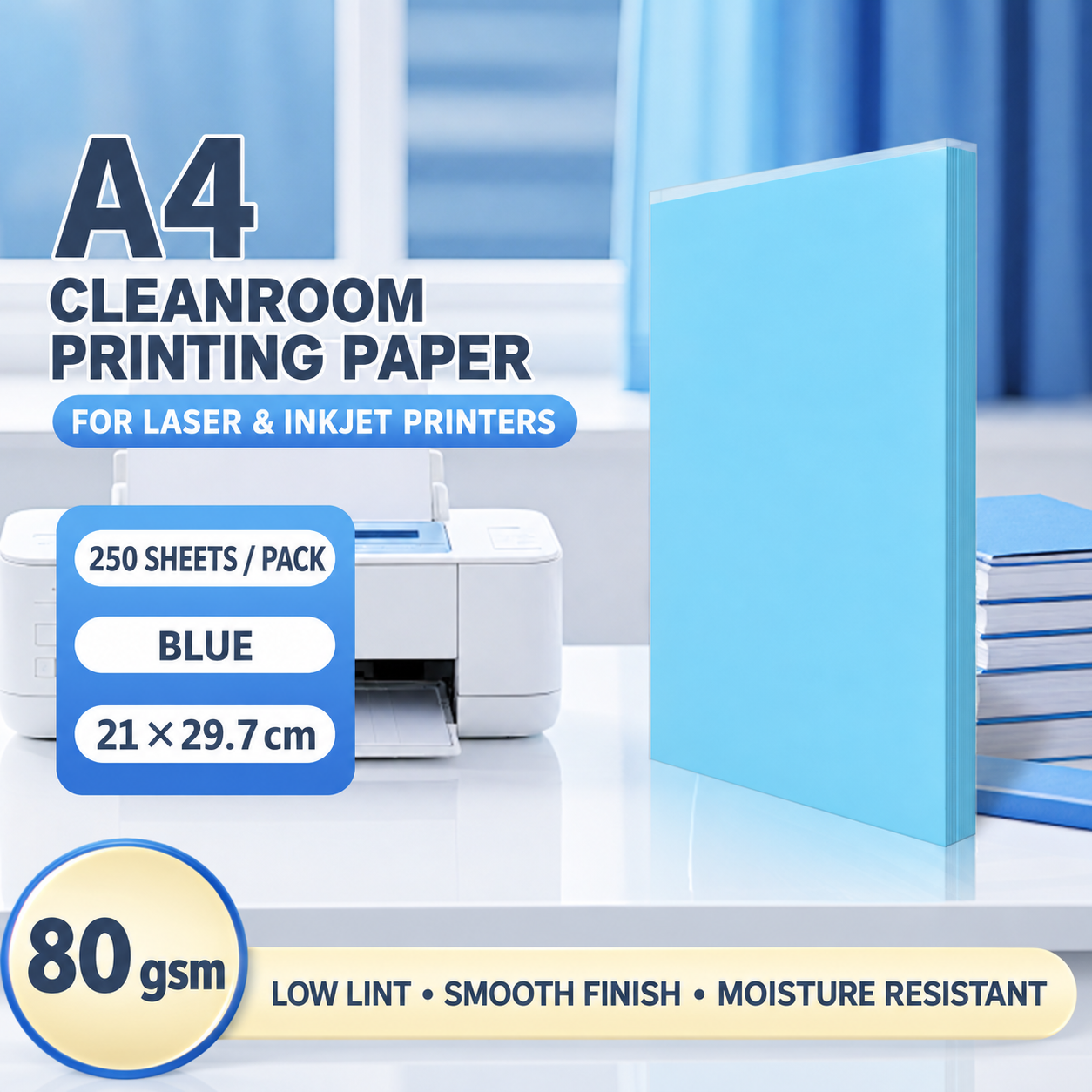 A4 Blue – 80 gsm – 250 Sheets, cleanroom printing paper