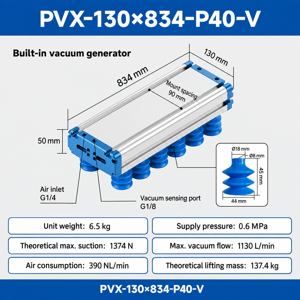 PVX-130x834-P40-V - English technical drawing and dimensions