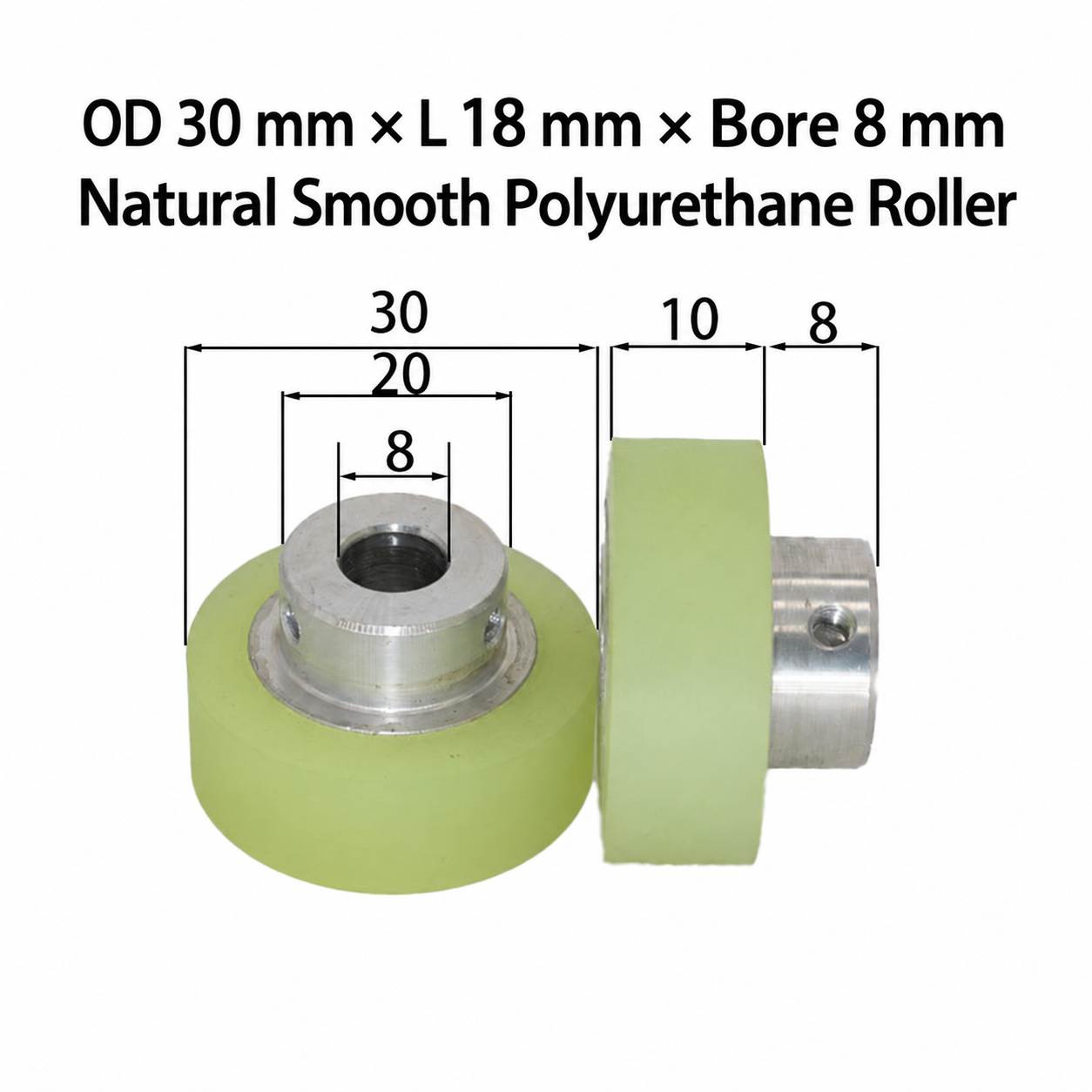 natural smooth polyurethane wire feeding roller, OD 30 mm, length 18 mm, bore 8 mm