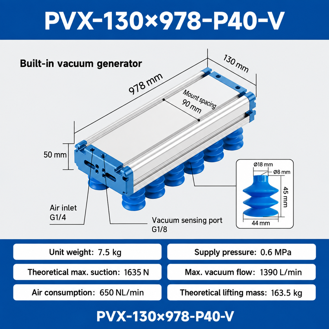 PVX-130x978-P40-V - English technical drawing and dimensions