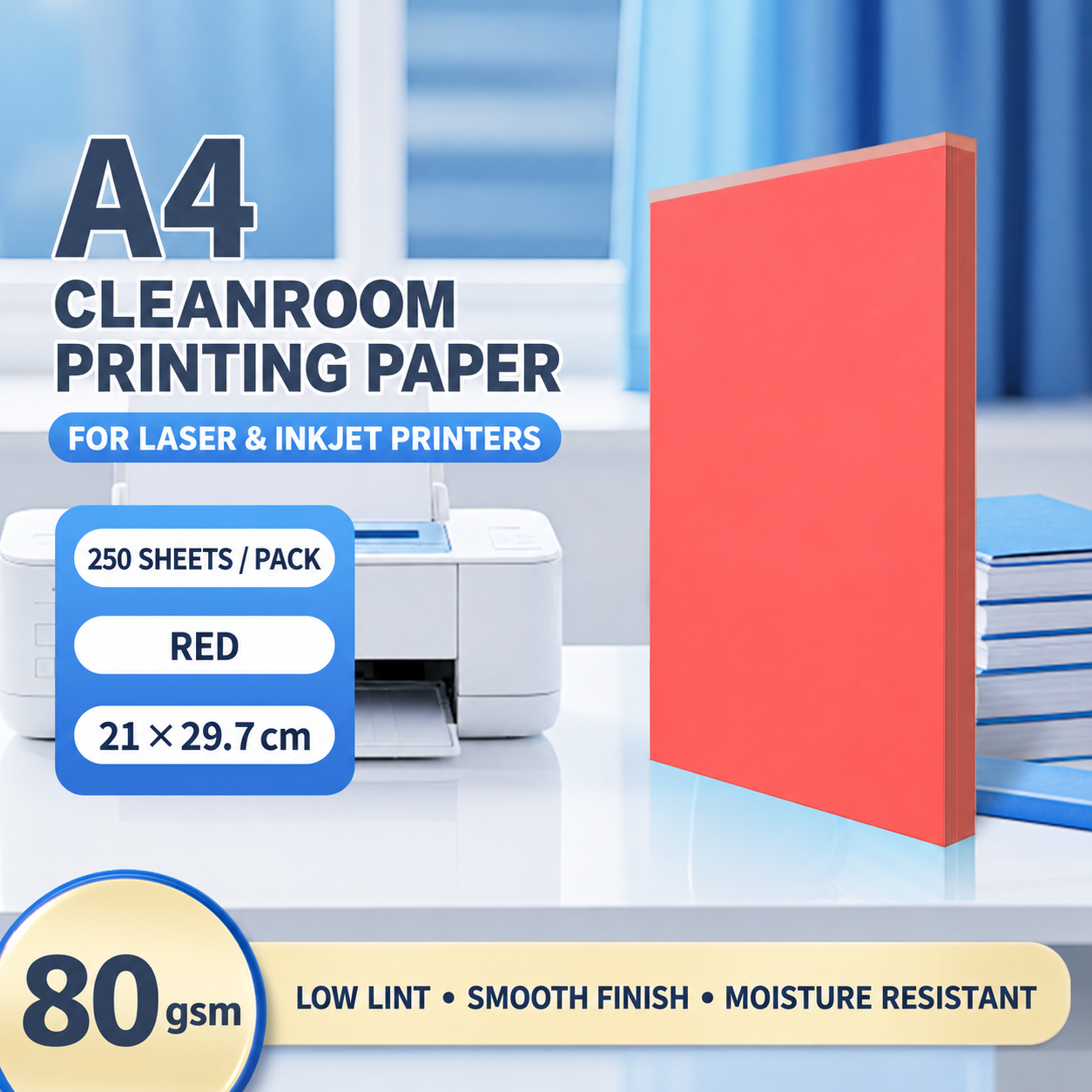 A4 Red – 80 gsm – 250 Sheets, cleanroom printing paper