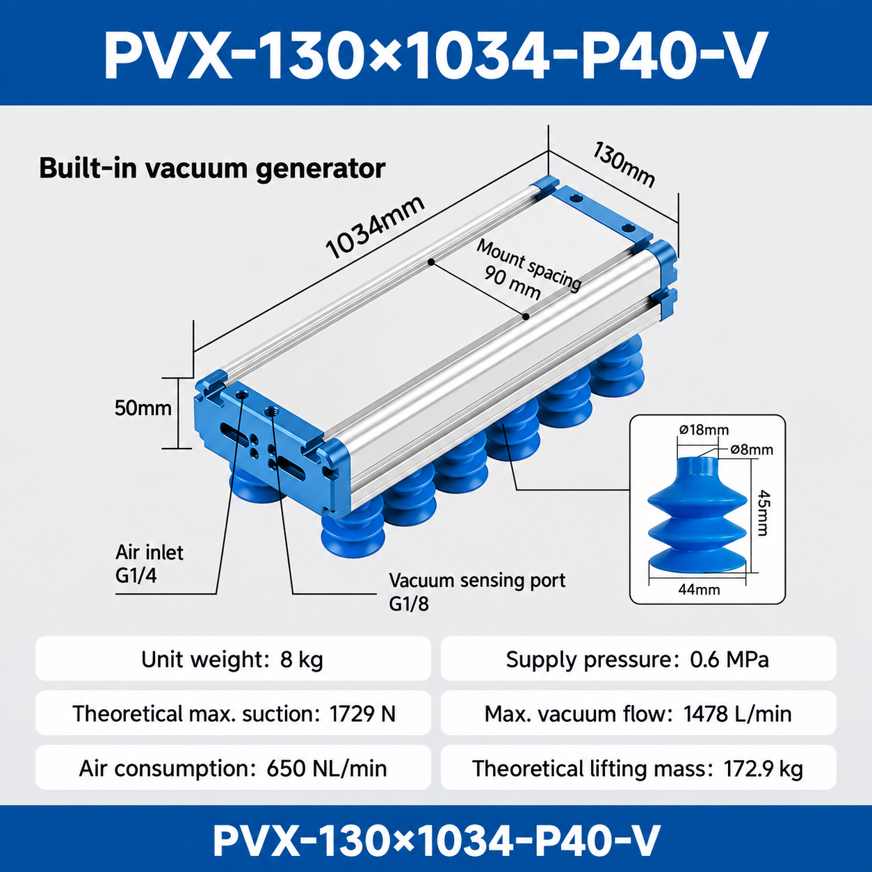 PVX-130x1034-P40-V - English technical drawing and dimensions