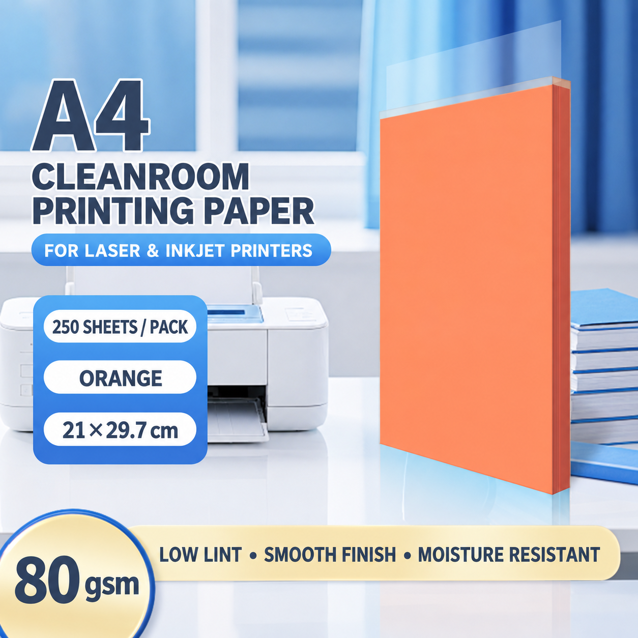 A4 Orange – 80 gsm – 250 Sheets, cleanroom printing paper