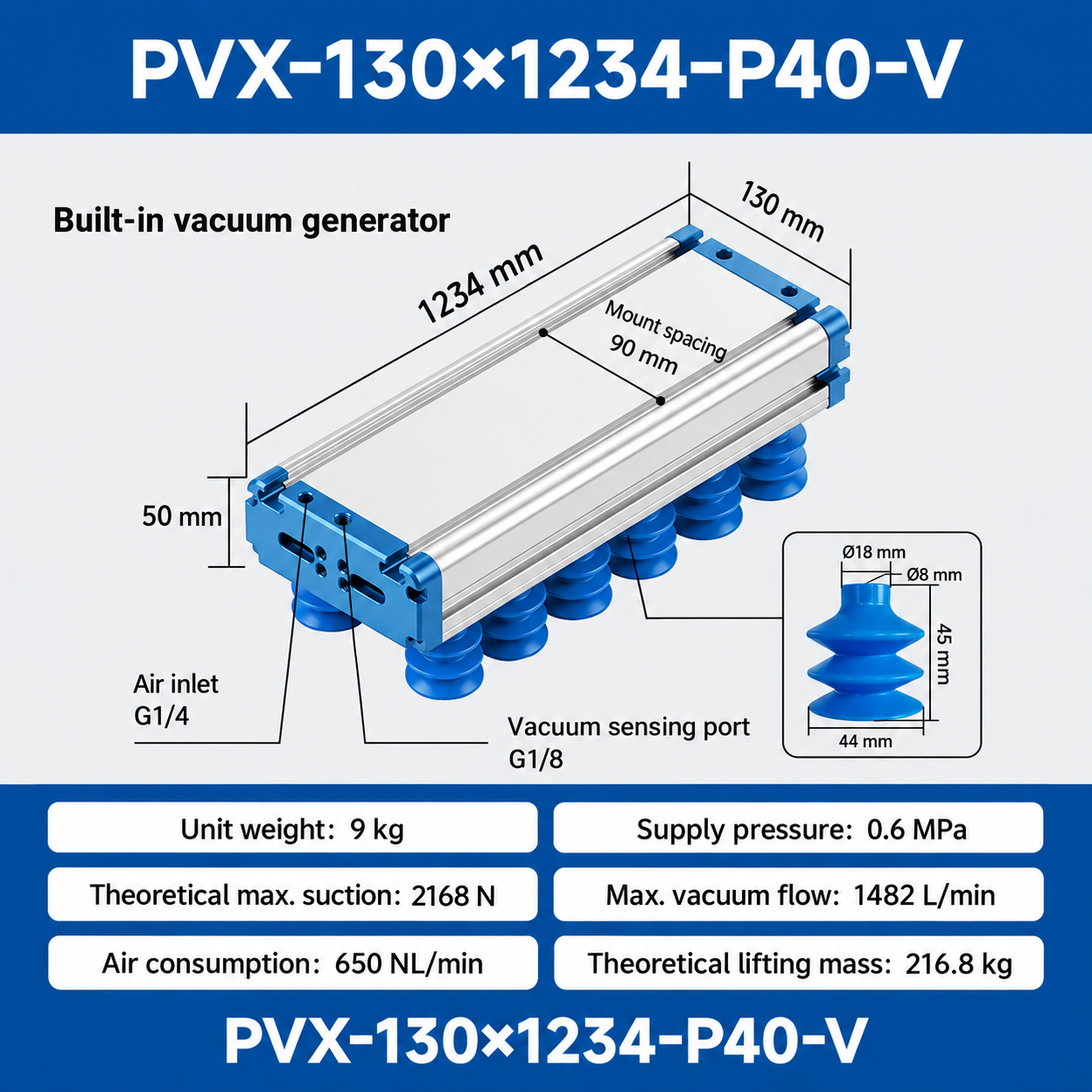PVX-130x1234-P40-V - English technical drawing and dimensions