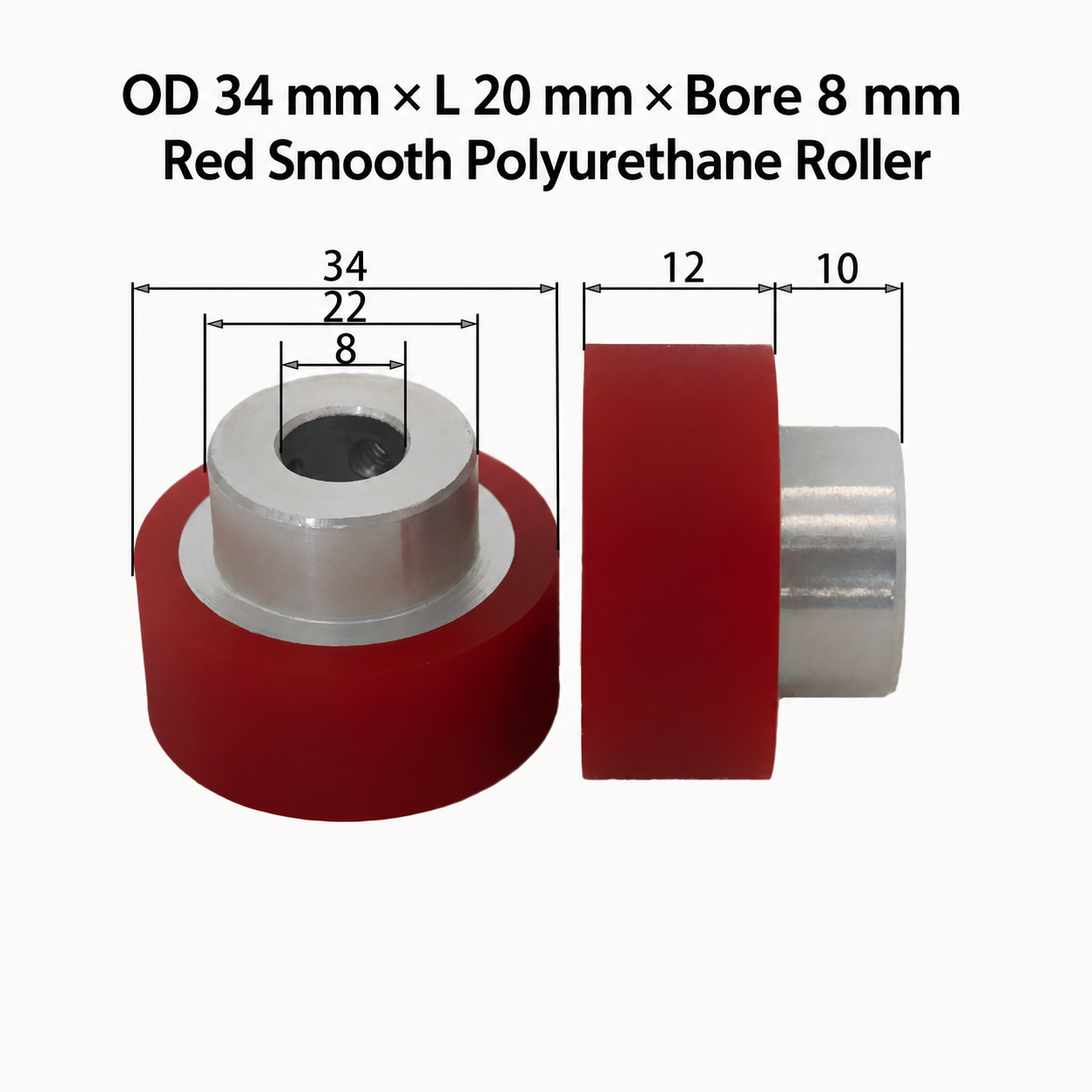 red smooth polyurethane wire feeding roller, OD 34 mm, length 20 mm, bore 8 mm
