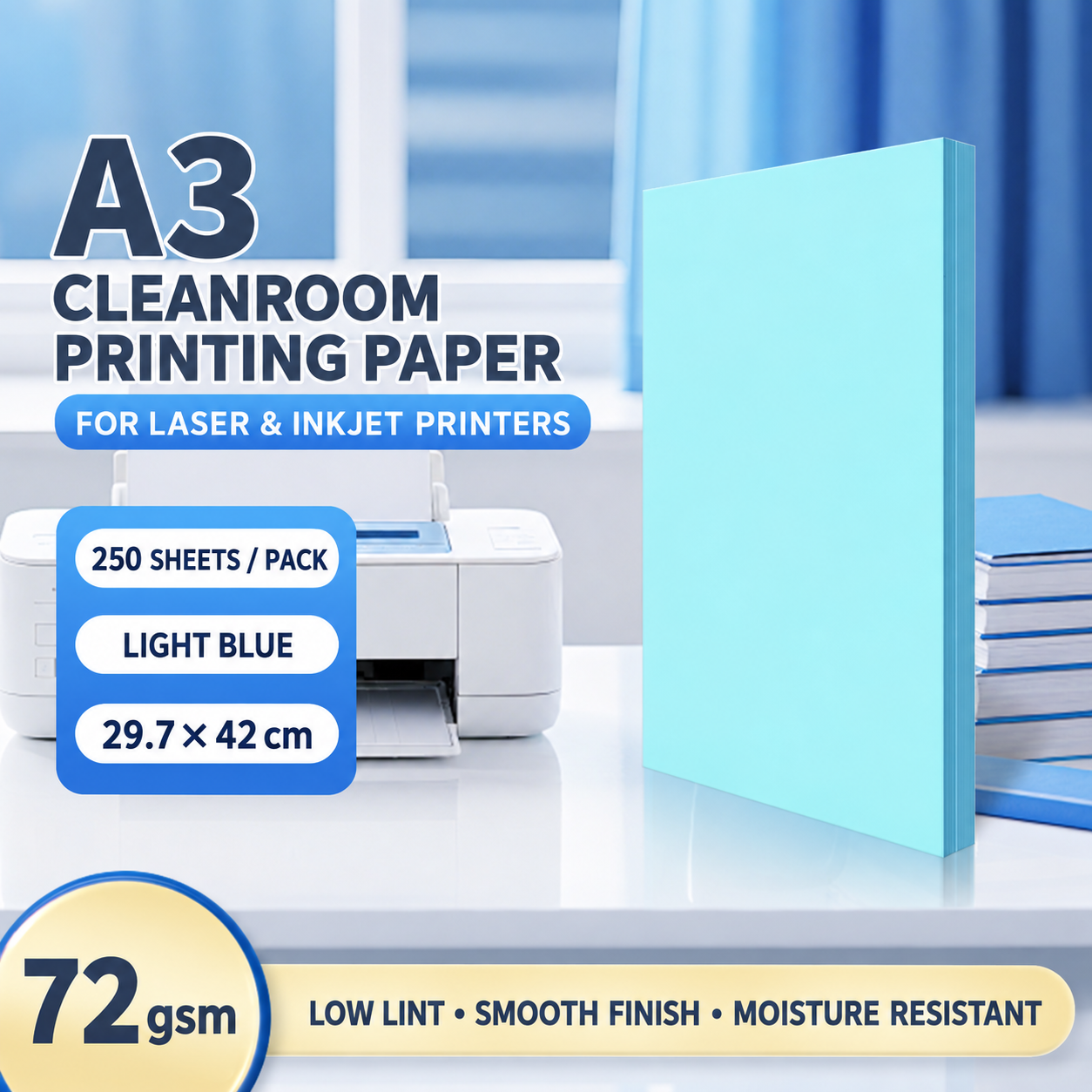 A3 Light Blue – 72 gsm – 250 Sheets, cleanroom printing paper