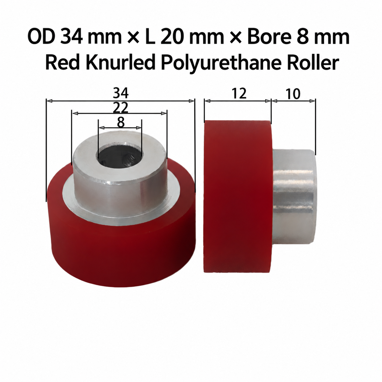 red knurled polyurethane wire feeding roller, OD 34 mm, length 20 mm, bore 8 mm