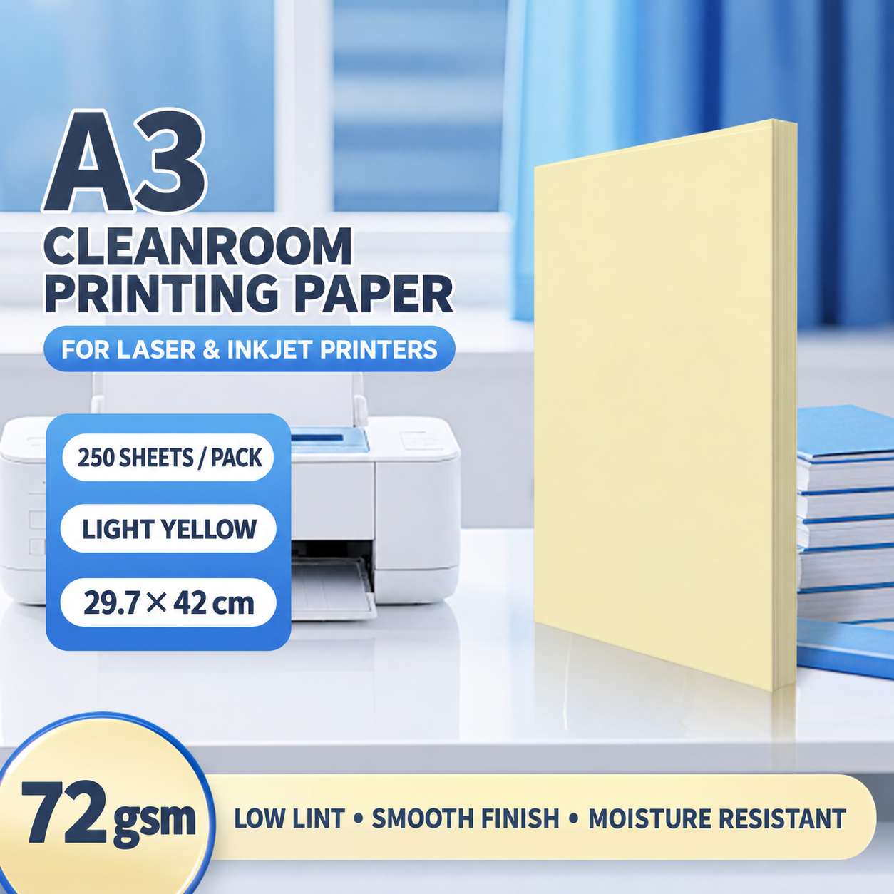 A3 Light Yellow – 72 gsm – 250 Sheets, cleanroom printing paper