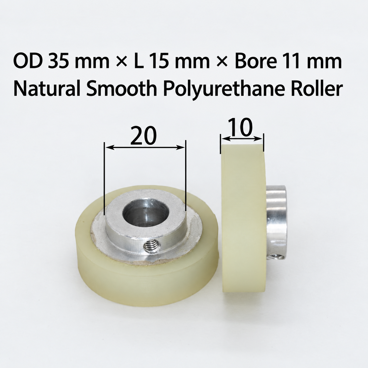 natural smooth polyurethane wire feeding roller, OD 35 mm, length 15 mm, bore 11 mm