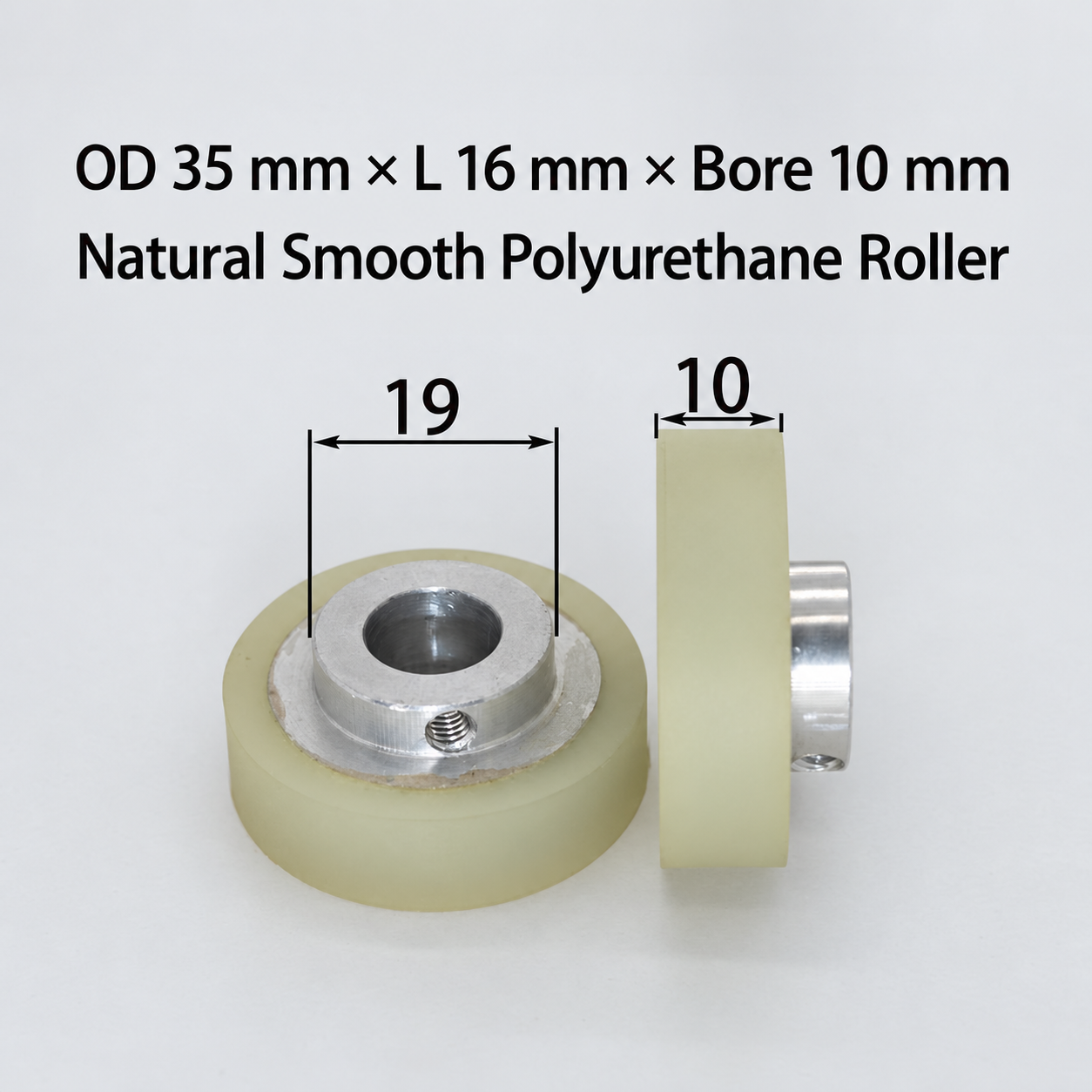 natural smooth polyurethane wire feeding roller, OD 35 mm, length 16 mm, bore 10 mm