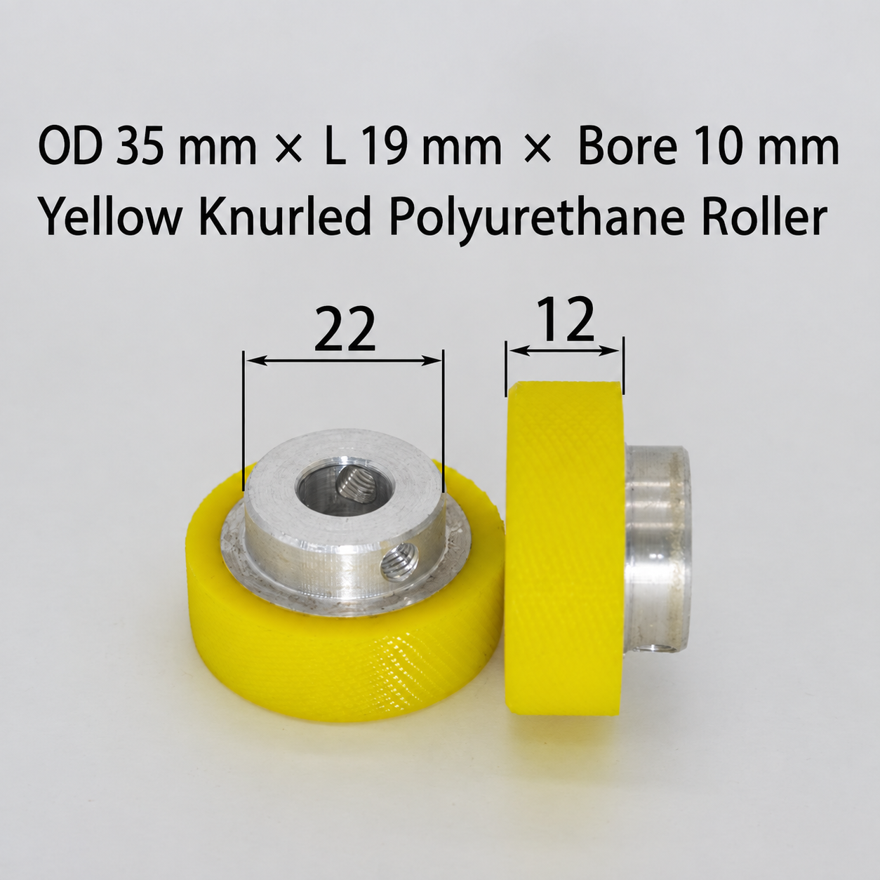 yellow knurled polyurethane wire feeding roller, OD 35 mm, length 19 mm, bore 10 mm