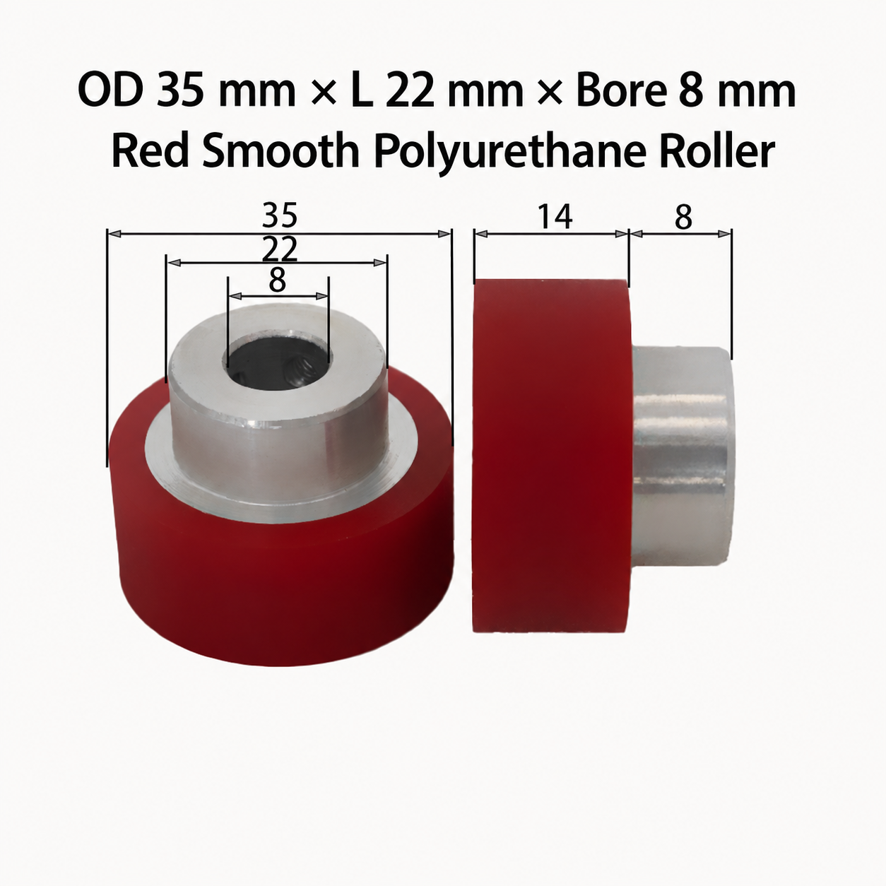 red smooth polyurethane wire feeding roller, OD 35 mm, length 22 mm, bore 8 mm