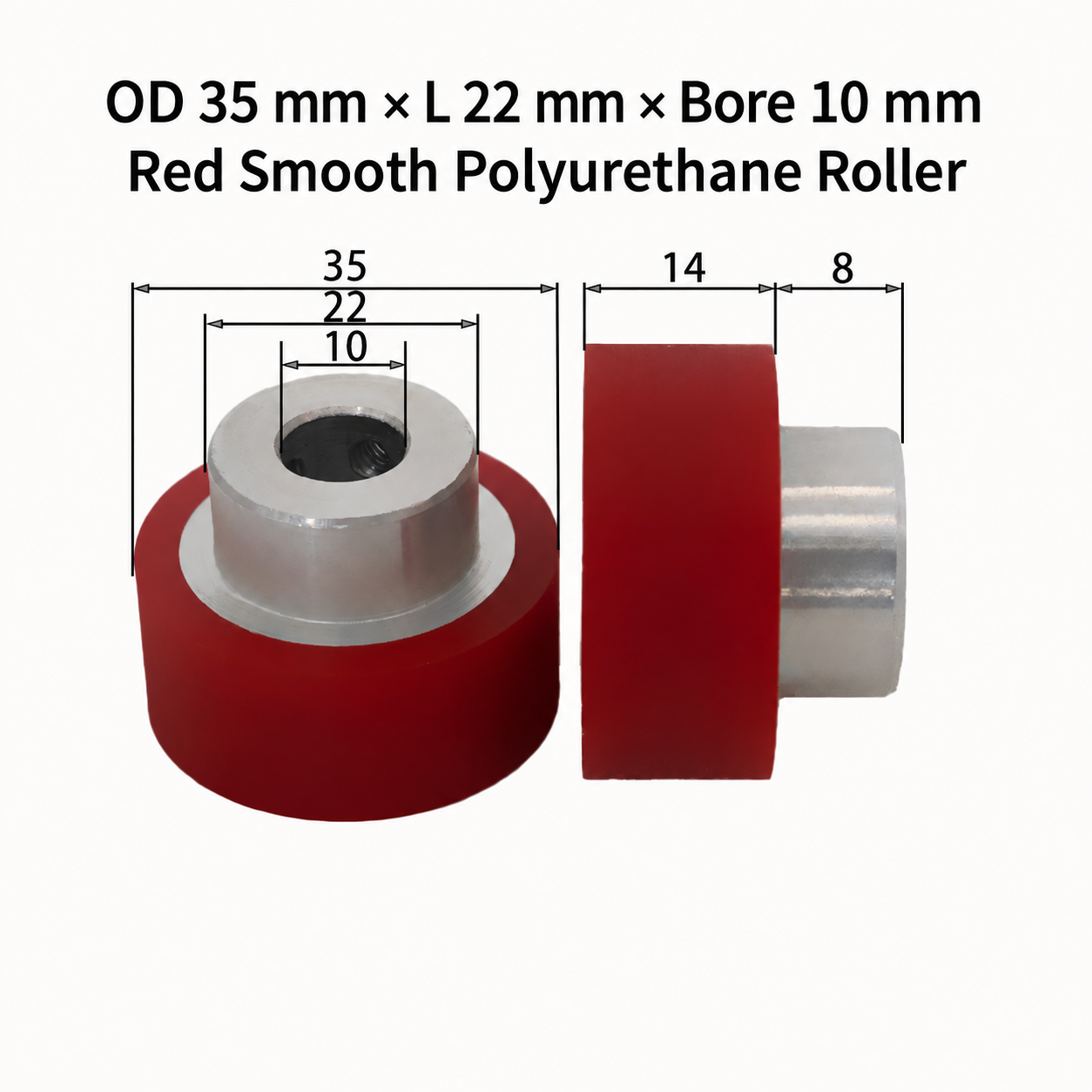 red smooth polyurethane wire feeding roller, OD 35 mm, length 22 mm, bore 10 mm