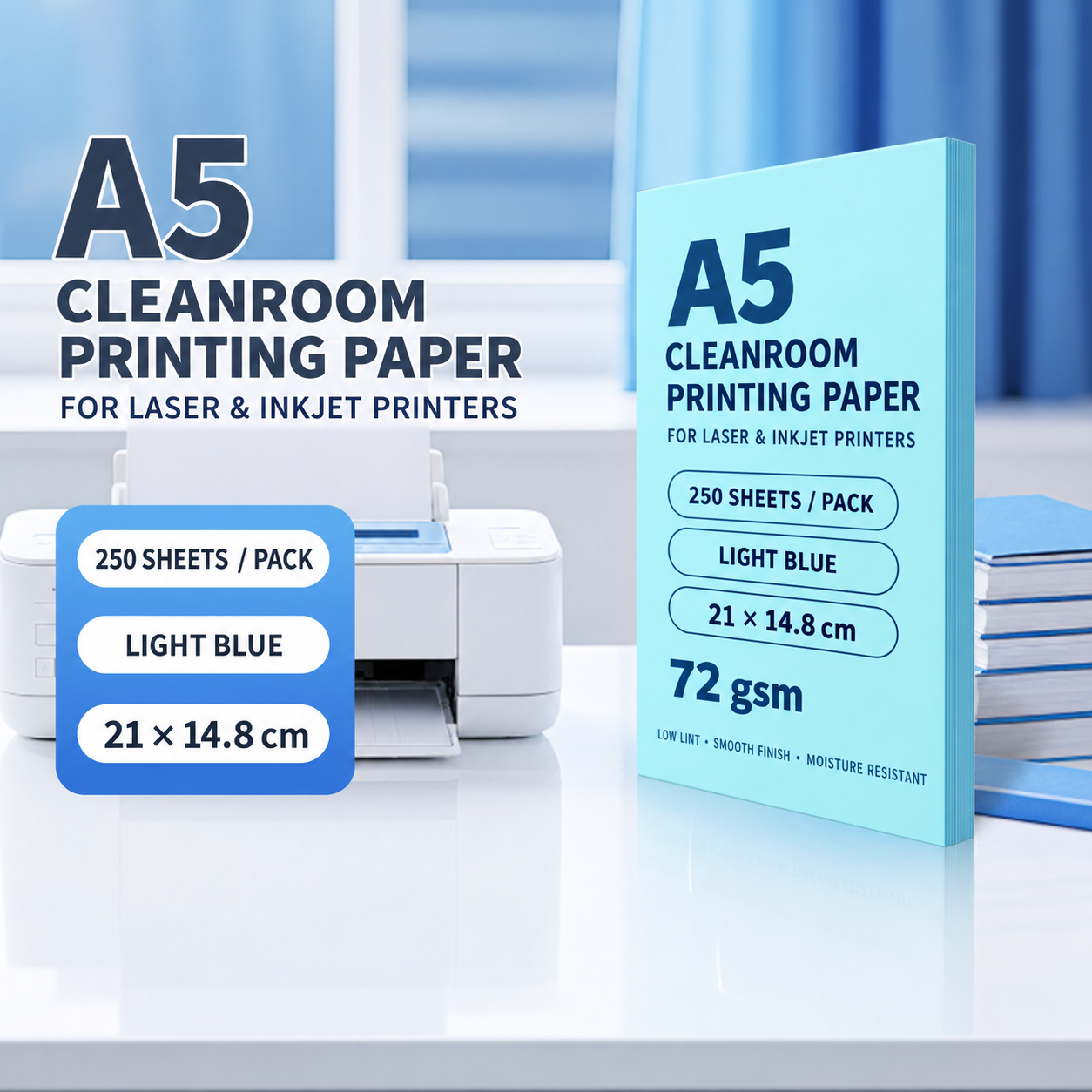 A5 Light Blue – 72 gsm – 250 Sheets, cleanroom printing paper