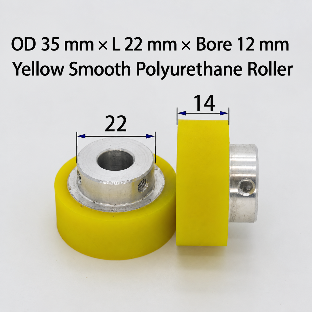 yellow smooth polyurethane wire feeding roller, OD 35 mm, length 22 mm, bore 12 mm