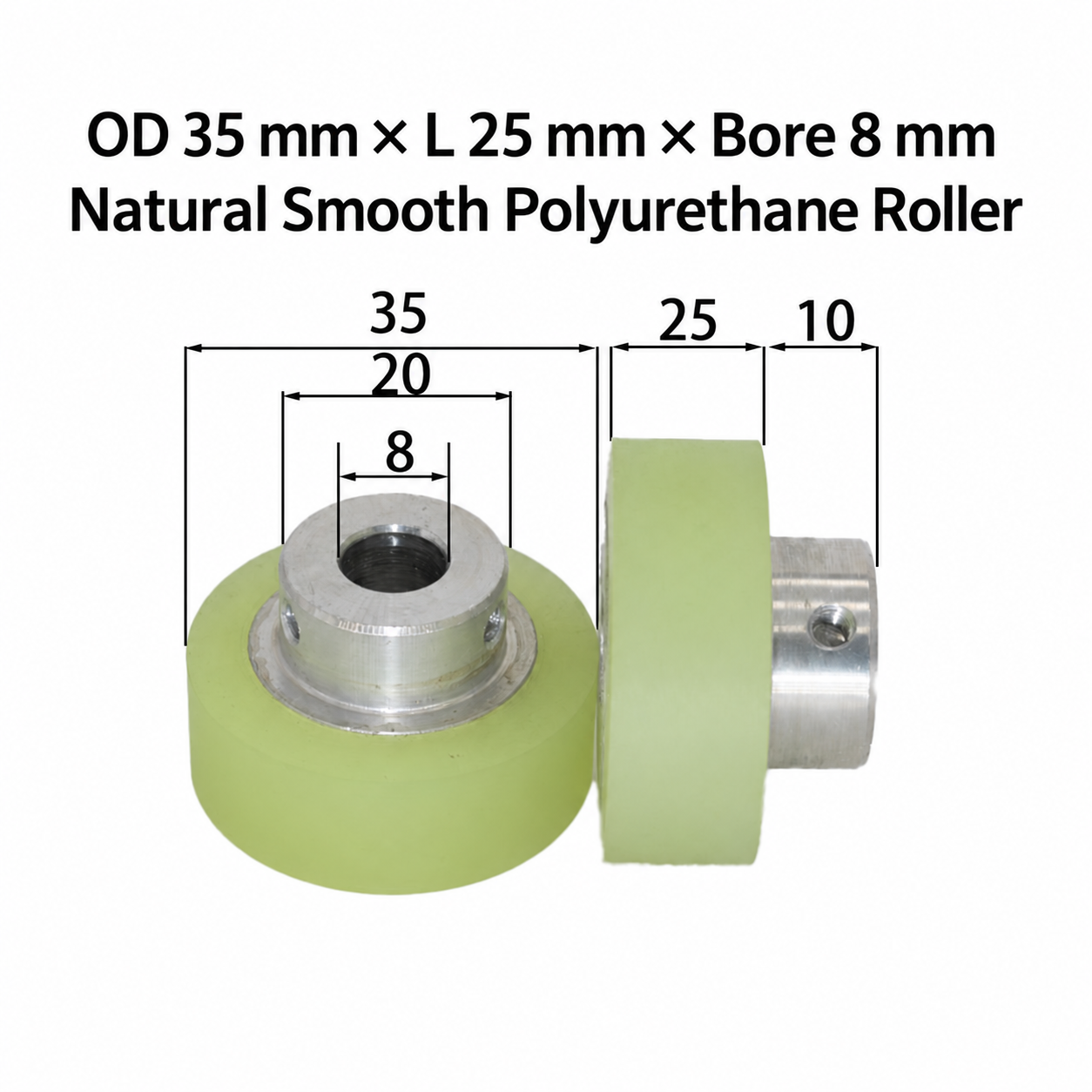 natural smooth polyurethane wire feeding roller, OD 35 mm, length 25 mm, bore 8 mm
