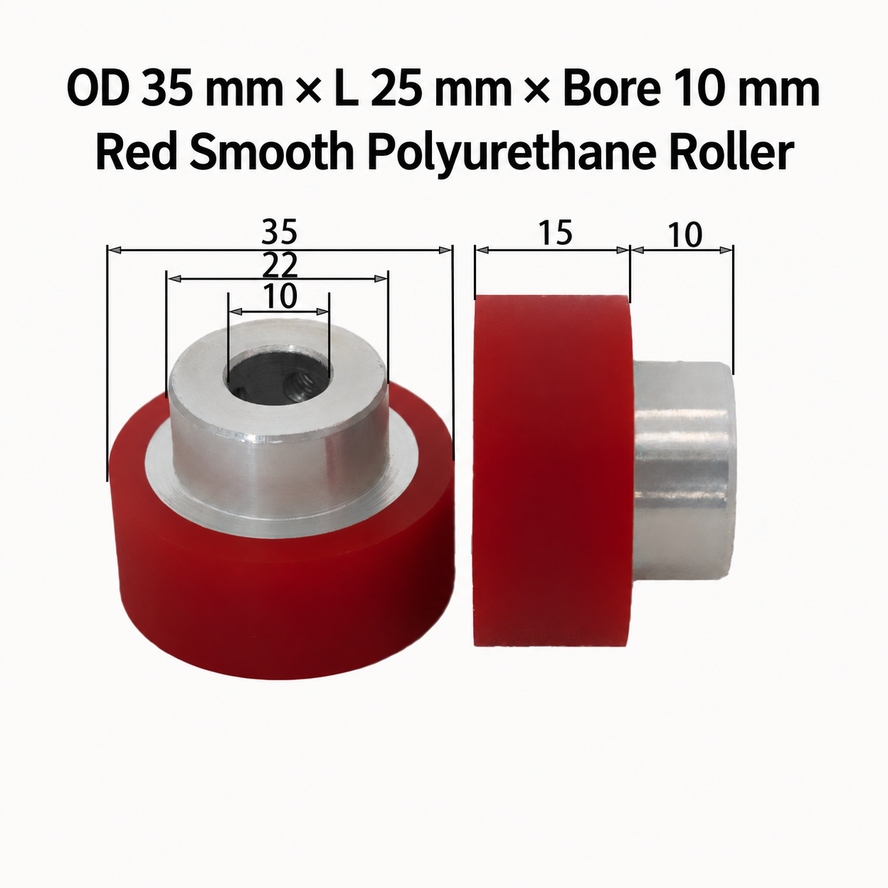 red smooth polyurethane wire feeding roller, OD 35 mm, length 25 mm, bore 10 mm
