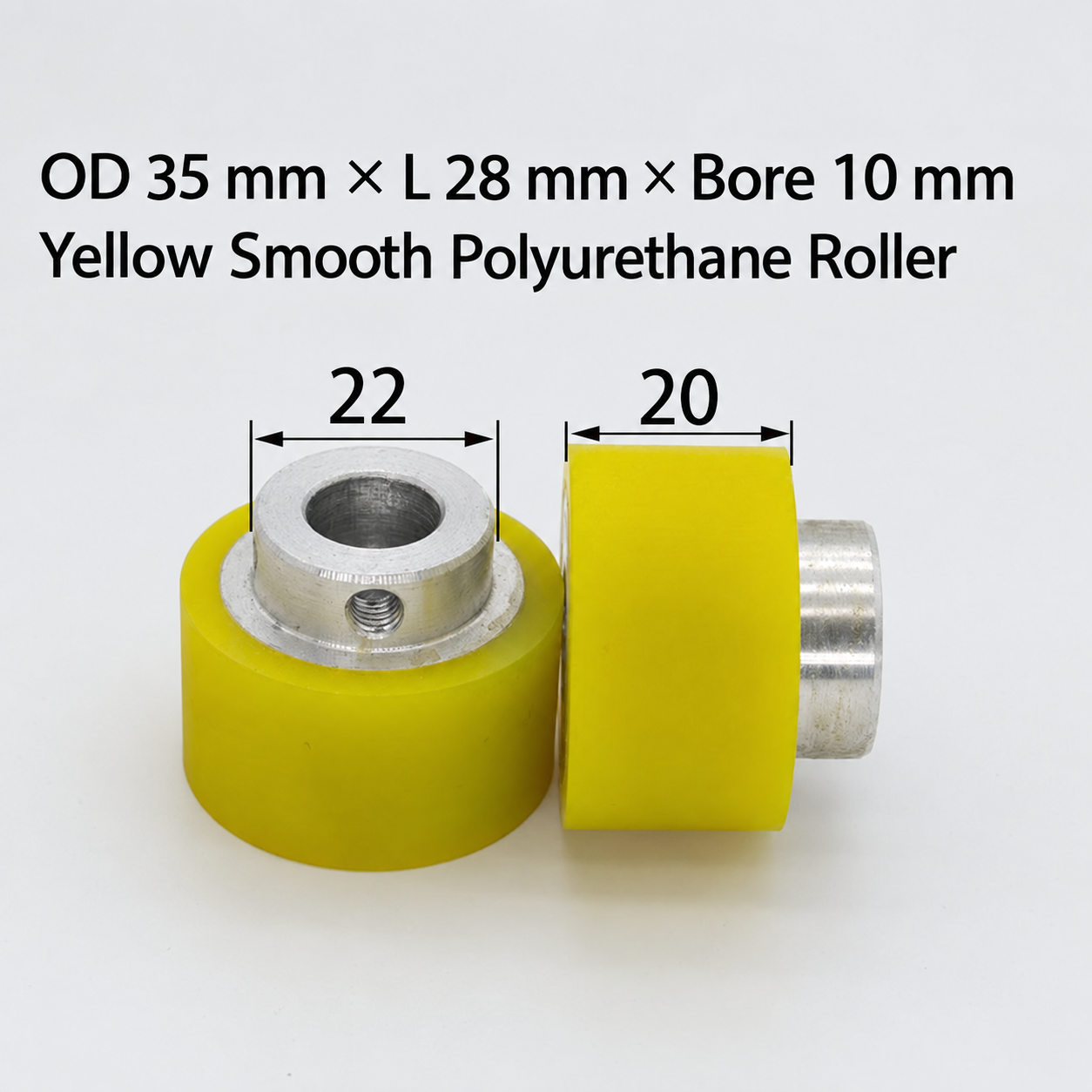 yellow smooth polyurethane wire feeding roller, OD 35 mm, length 28 mm, bore 10 mm