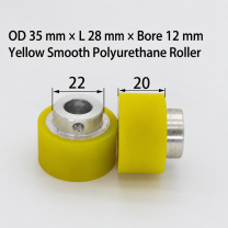 yellow smooth polyurethane wire feeding roller, OD 35 mm, length 28 mm, bore 12 mm