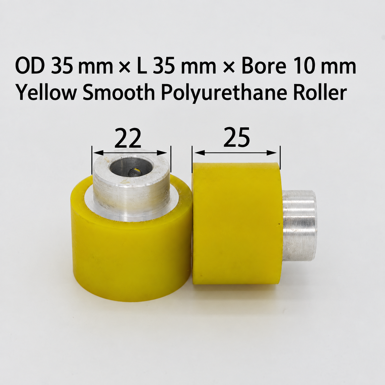yellow smooth polyurethane wire feeding roller, OD 35 mm, length 35 mm, bore 10 mm