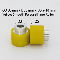 yellow smooth polyurethane wire feeding roller, OD 35 mm, length 35 mm, bore 10 mm