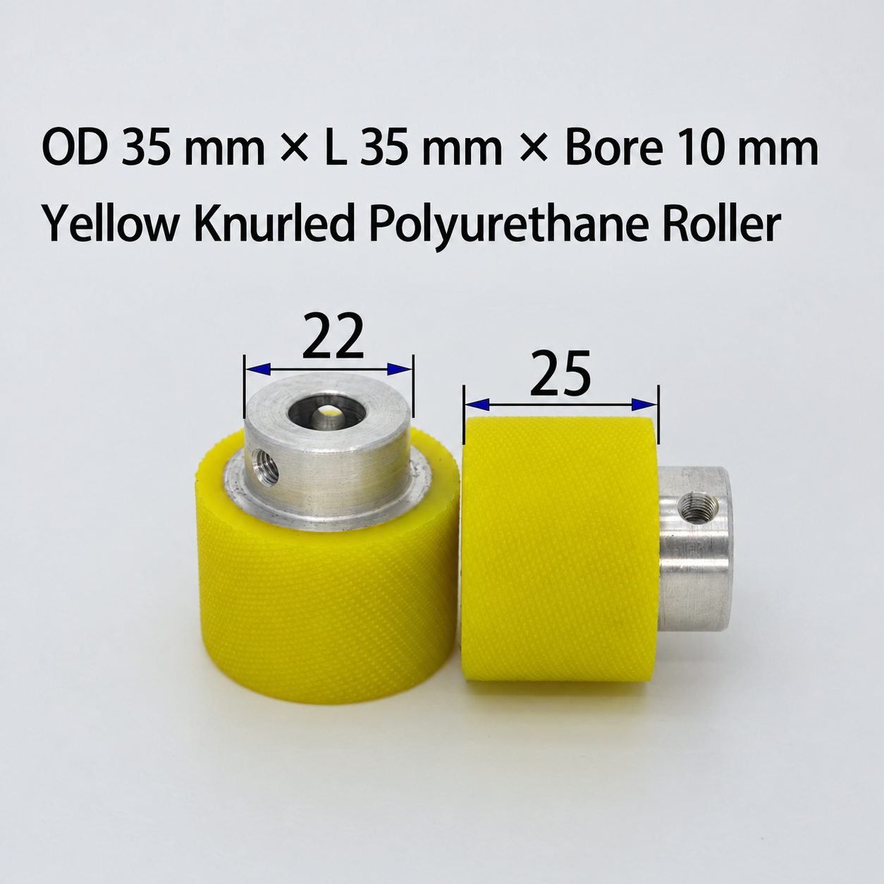 yellow knurled polyurethane wire feeding roller, OD 35 mm, length 35 mm, bore 10 mm