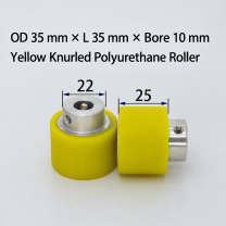 yellow knurled polyurethane wire feeding roller, OD 35 mm, length 35 mm, bore 10 mm
