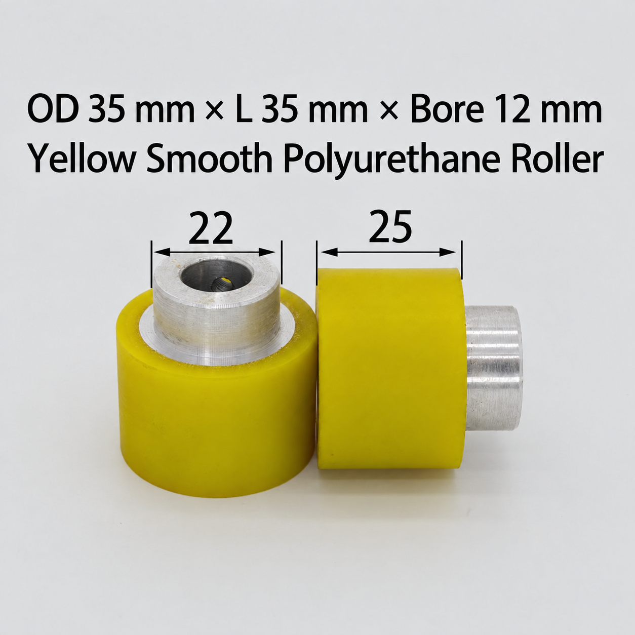 yellow smooth polyurethane wire feeding roller, OD 35 mm, length 35 mm, bore 12 mm