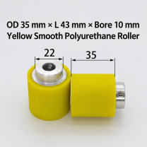 yellow smooth polyurethane wire feeding roller, OD 35 mm, length 43 mm, bore 10 mm