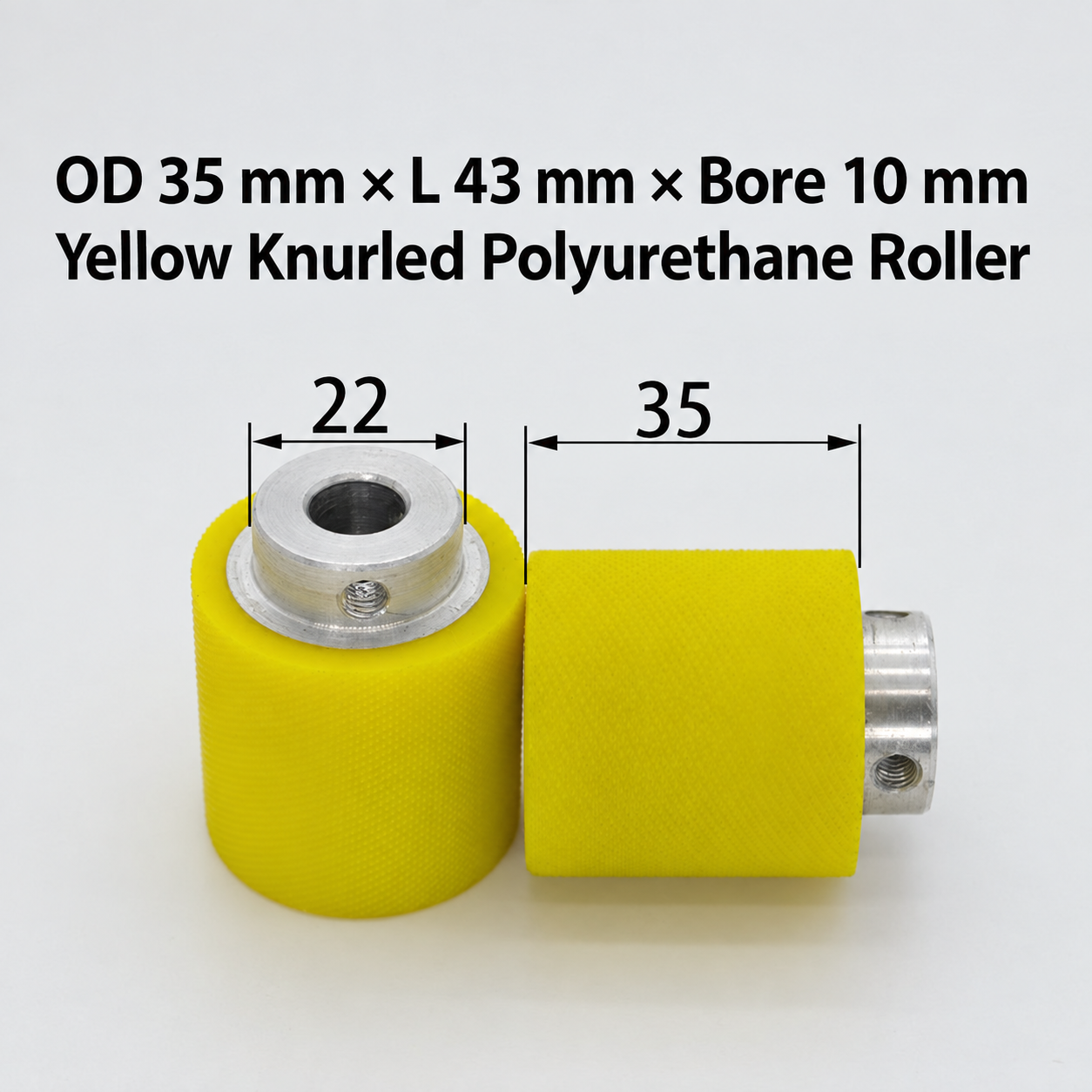 yellow knurled polyurethane wire feeding roller, OD 35 mm, length 43 mm, bore 10 mm
