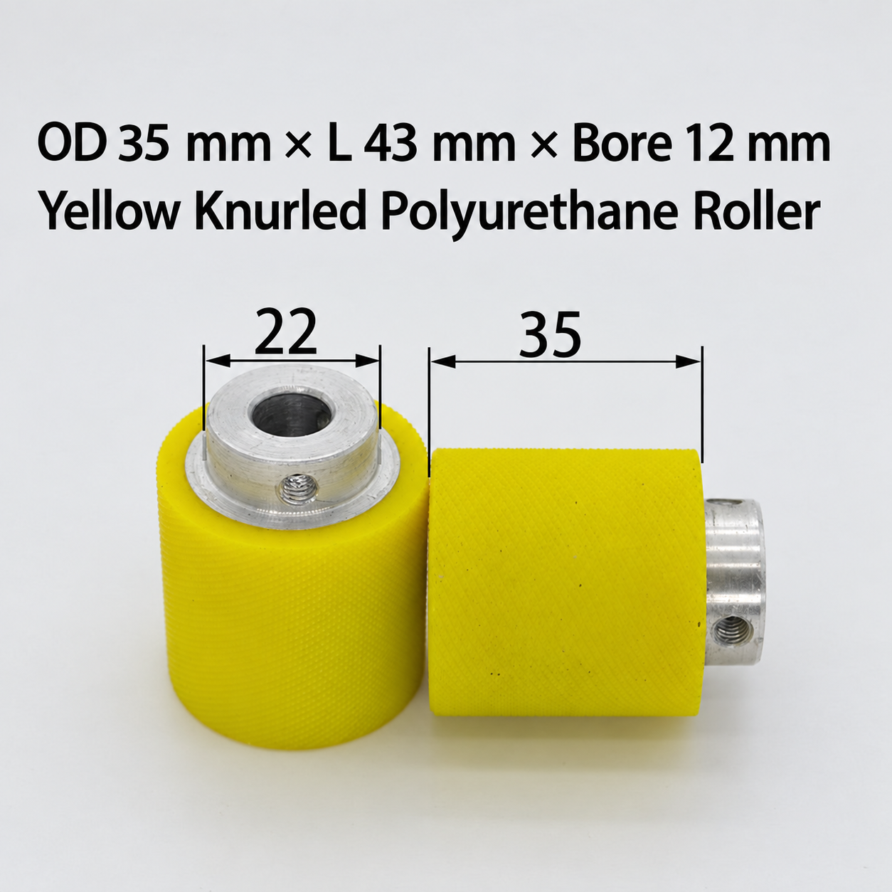 yellow knurled polyurethane wire feeding roller, OD 35 mm, length 43 mm, bore 12 mm