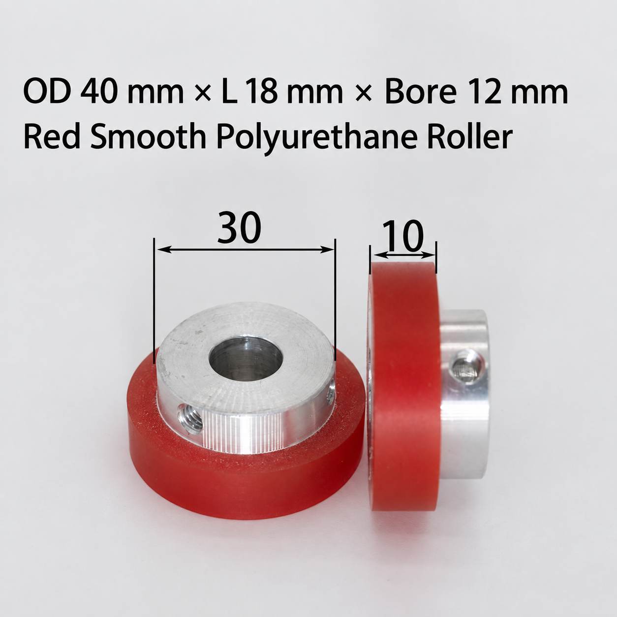 red smooth polyurethane wire feeding roller, OD 40 mm, length 18 mm, bore 12 mm