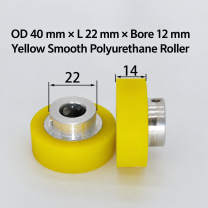 yellow smooth polyurethane wire feeding roller, OD 40 mm, length 22 mm, bore 12 mm