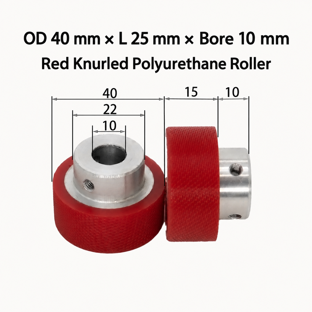 red knurled polyurethane wire feeding roller, OD 40 mm, length 25 mm, bore 10 mm