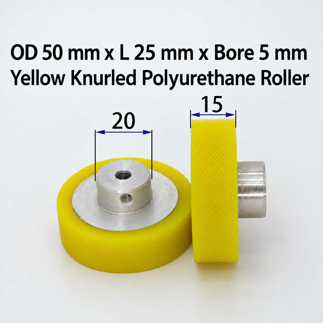 yellow knurled polyurethane wire feeding roller, OD 50 mm, length 25 mm, bore 5 mm