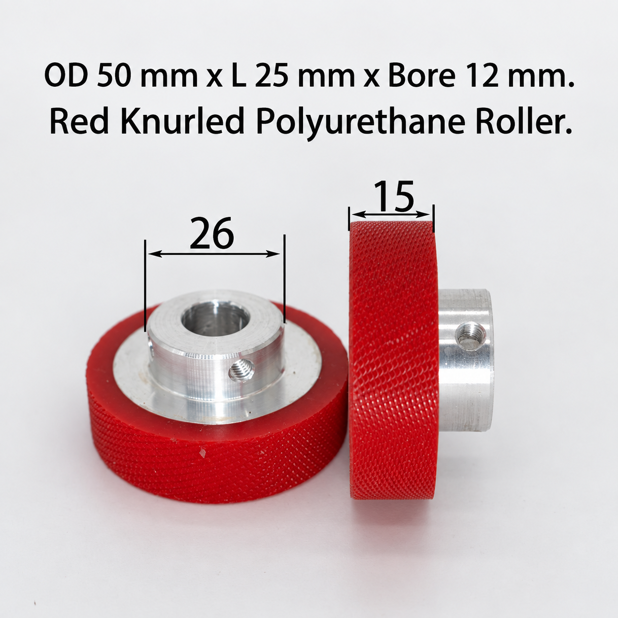 red knurled polyurethane wire feeding roller, OD 50 mm, length 25 mm, bore 12 mm