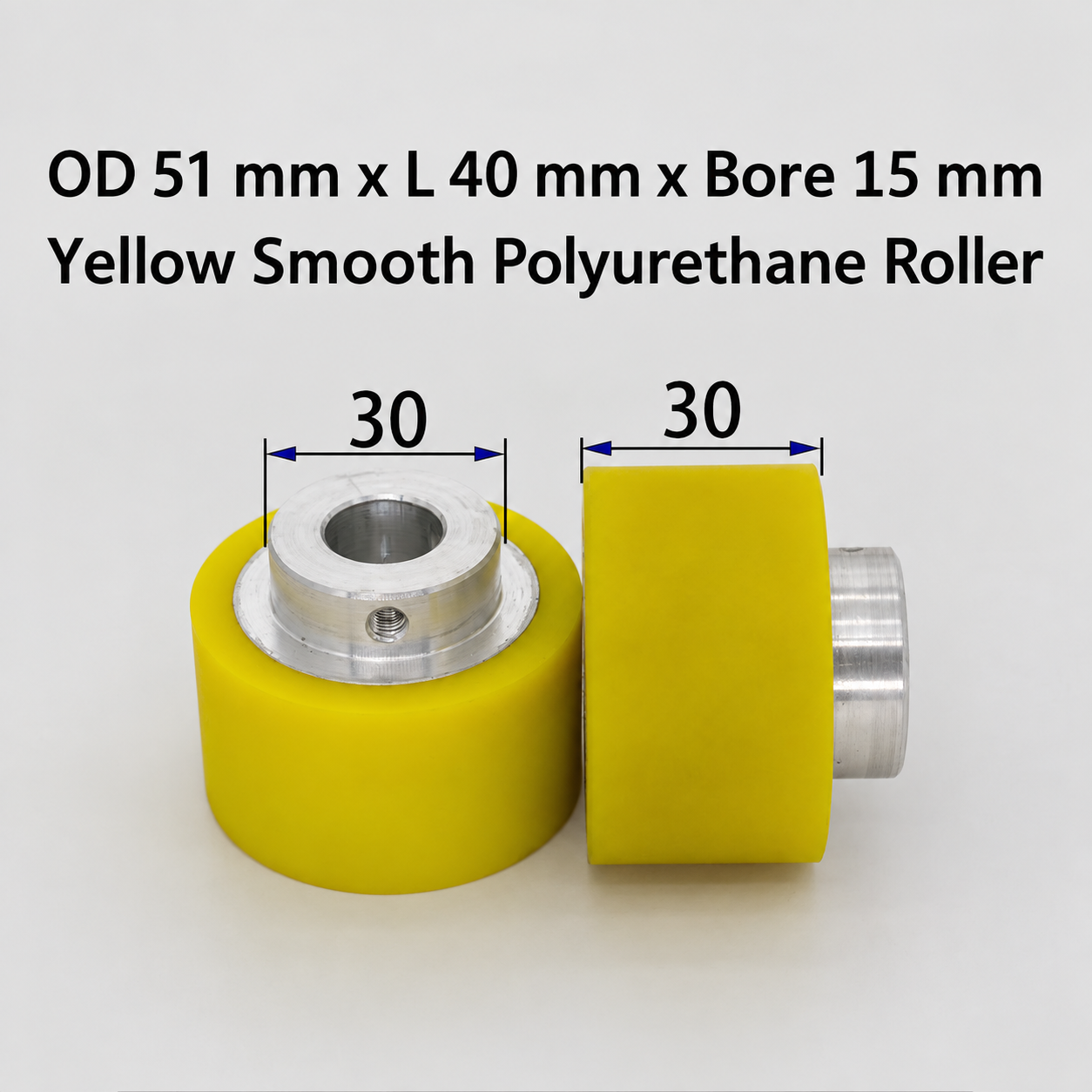 yellow smooth polyurethane wire feeding roller, OD 51 mm, length 40 mm, bore 15 mm