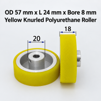 yellow knurled polyurethane wire feeding roller, OD 57 mm, length 24 mm, bore 8 mm
