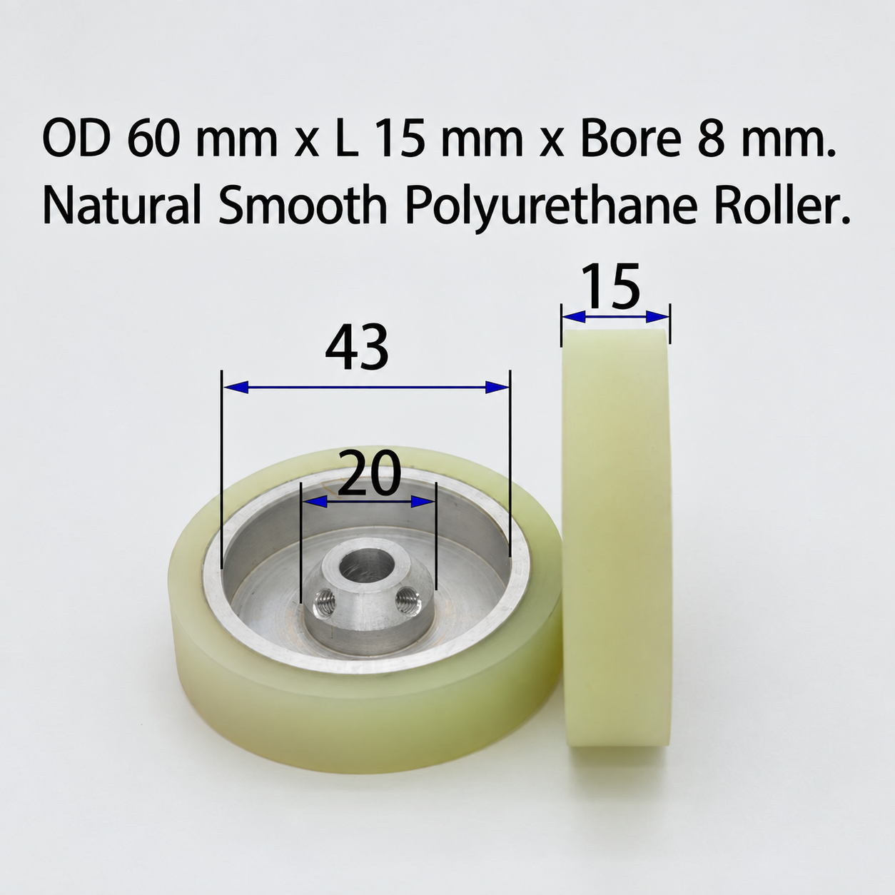 natural smooth polyurethane wire feeding roller, OD 60 mm, length 15 mm, bore 8 mm